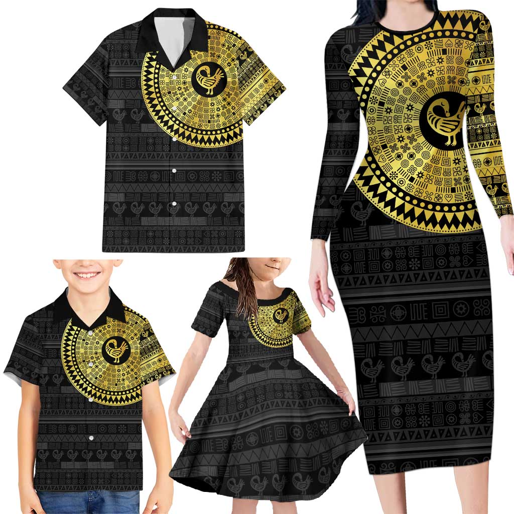 Sankofa Bird Family Matching Long Sleeve Bodycon Dress and Hawaiian Shirt Adinkra Symbols - Gold Version