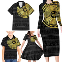 Sankofa Bird Family Matching Long Sleeve Bodycon Dress and Hawaiian Shirt Adinkra Symbols - Gold Version