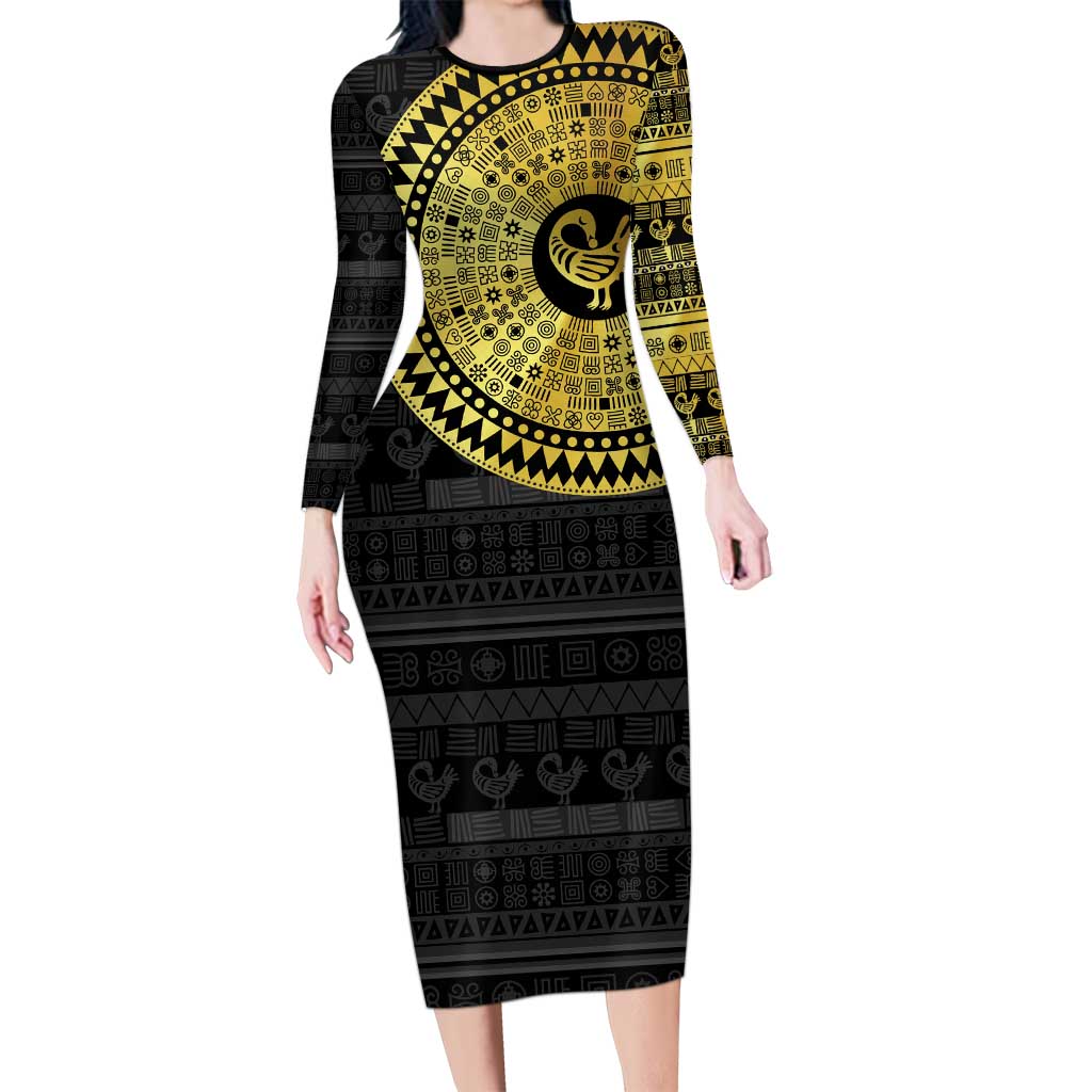 Sankofa Bird Family Matching Long Sleeve Bodycon Dress and Hawaiian Shirt Adinkra Symbols - Gold Version