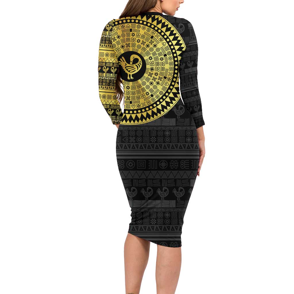 Sankofa Bird Family Matching Long Sleeve Bodycon Dress and Hawaiian Shirt Adinkra Symbols - Gold Version