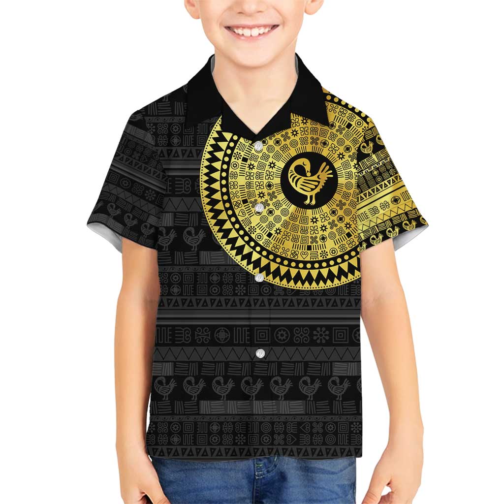 Sankofa Bird Family Matching Long Sleeve Bodycon Dress and Hawaiian Shirt Adinkra Symbols - Gold Version