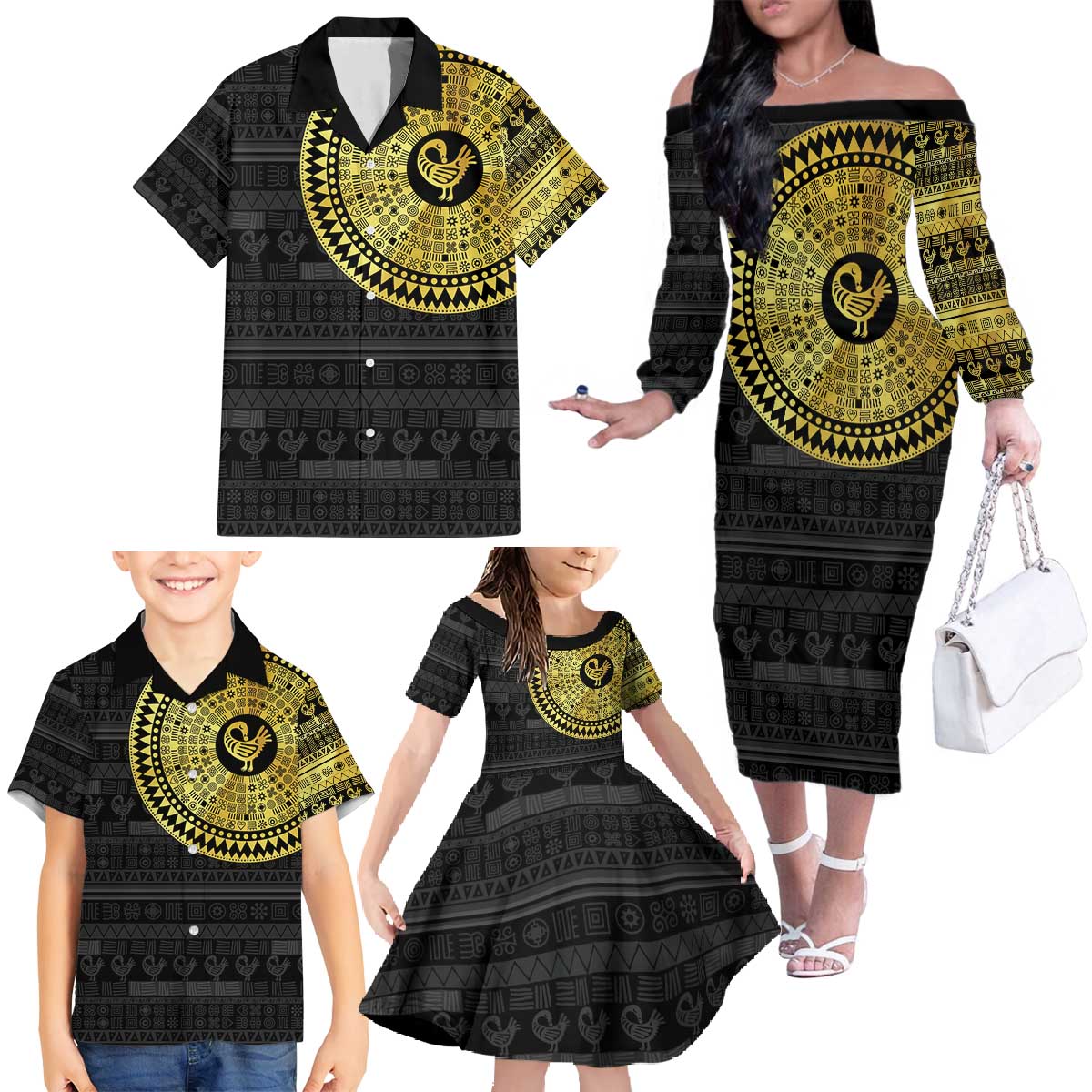 Sankofa Bird Family Matching Off The Shoulder Long Sleeve Dress and Hawaiian Shirt Adinkra Symbols - Gold Version