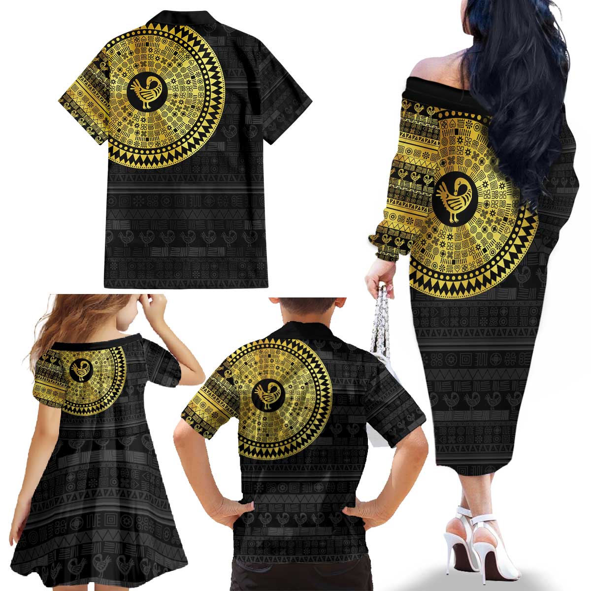 Sankofa Bird Family Matching Off The Shoulder Long Sleeve Dress and Hawaiian Shirt Adinkra Symbols - Gold Version