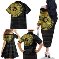 Sankofa Bird Family Matching Off The Shoulder Long Sleeve Dress and Hawaiian Shirt Adinkra Symbols - Gold Version