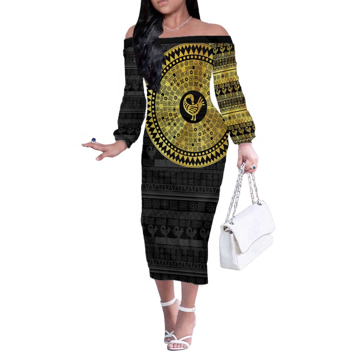 Sankofa Bird Family Matching Off The Shoulder Long Sleeve Dress and Hawaiian Shirt Adinkra Symbols - Gold Version