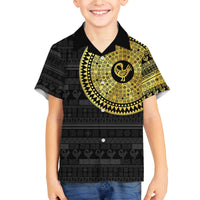 Sankofa Bird Family Matching Off The Shoulder Long Sleeve Dress and Hawaiian Shirt Adinkra Symbols - Gold Version