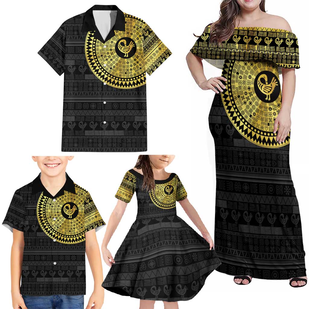 Sankofa Bird Family Matching Off Shoulder Maxi Dress and Hawaiian Shirt Adinkra Symbols - Gold Version