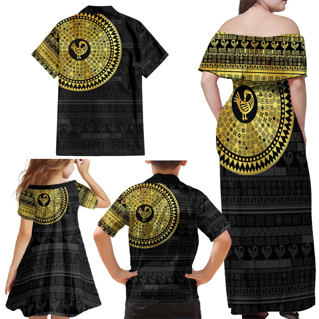 Sankofa Bird Family Matching Off Shoulder Maxi Dress and Hawaiian Shirt Adinkra Symbols - Gold Version