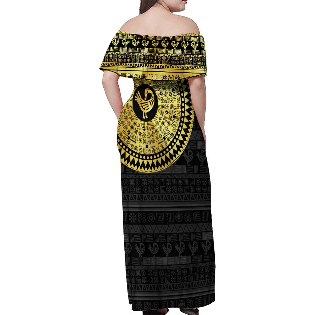 Sankofa Bird Family Matching Off Shoulder Maxi Dress and Hawaiian Shirt Adinkra Symbols - Gold Version
