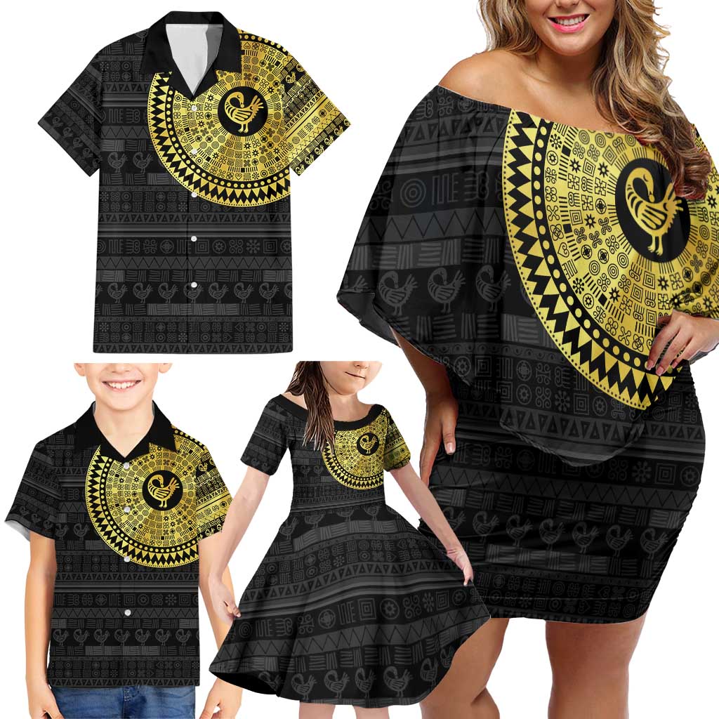 Sankofa Bird Family Matching Off Shoulder Short Dress and Hawaiian Shirt Adinkra Symbols - Gold Version