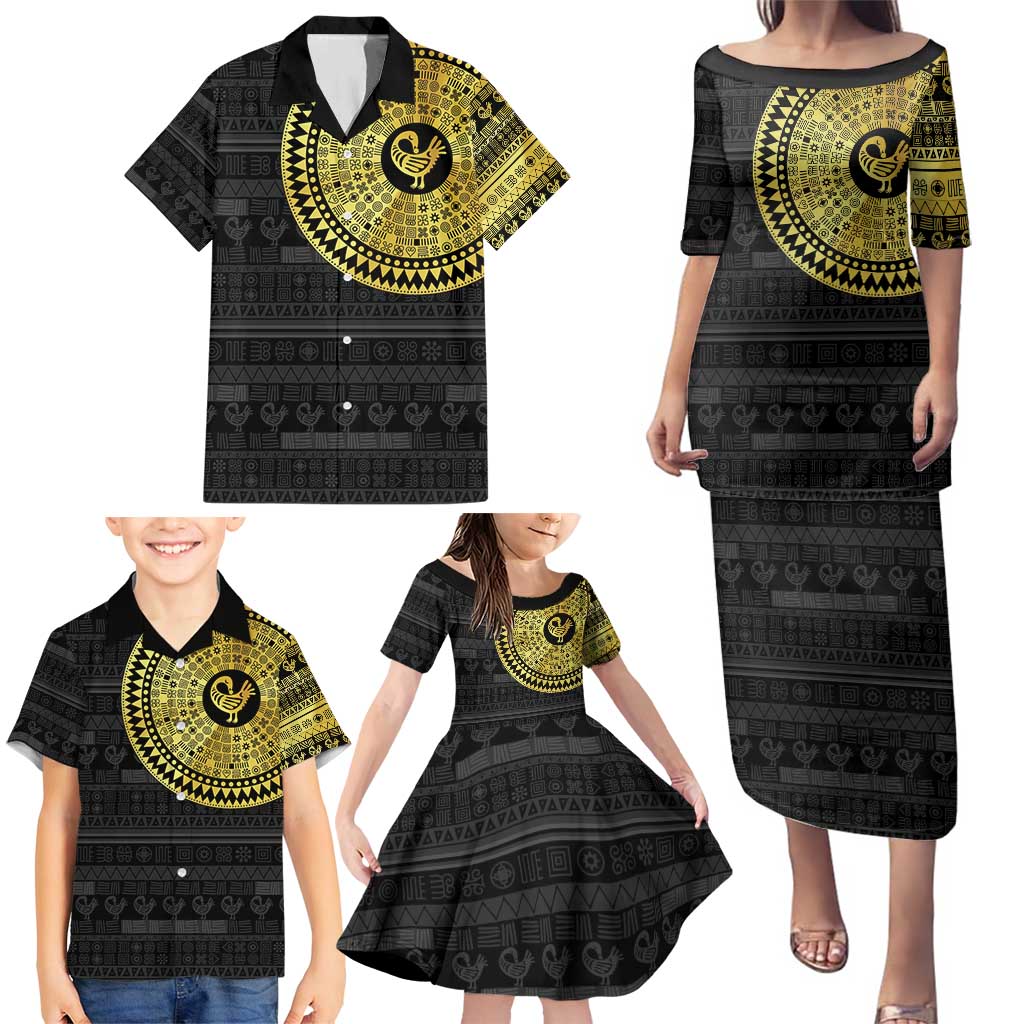 Sankofa Bird Family Matching Puletasi and Hawaiian Shirt Adinkra Symbols - Gold Version
