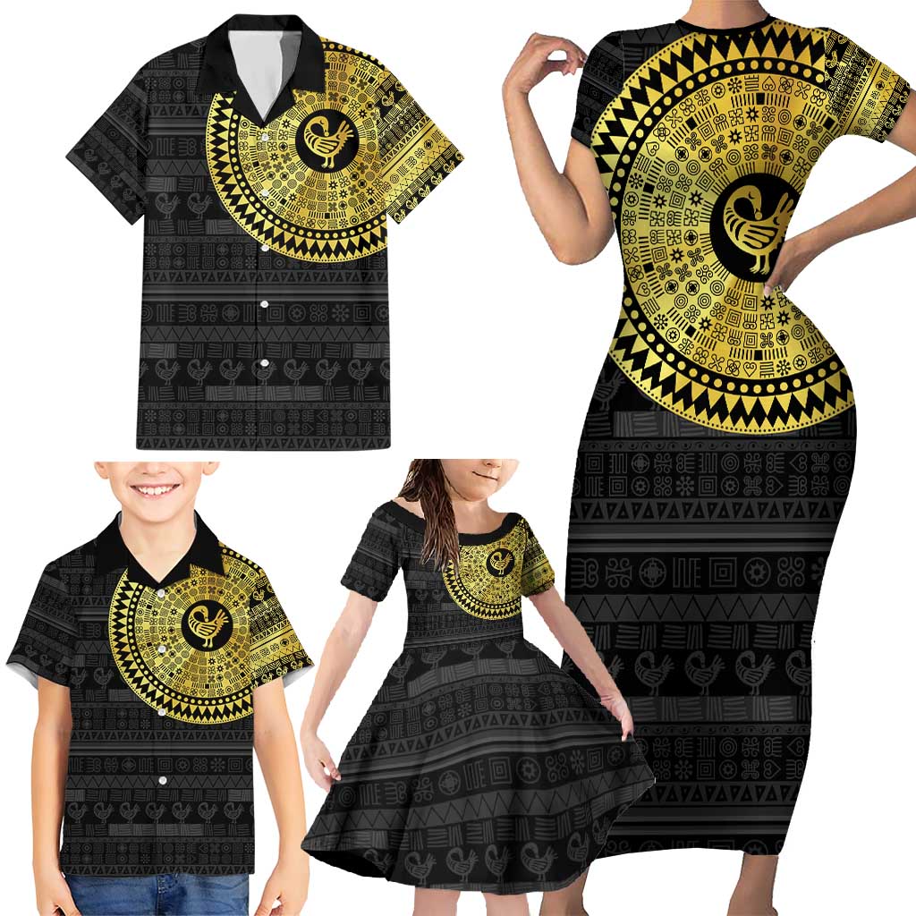 Sankofa Bird Family Matching Short Sleeve Bodycon Dress and Hawaiian Shirt Adinkra Symbols - Gold Version