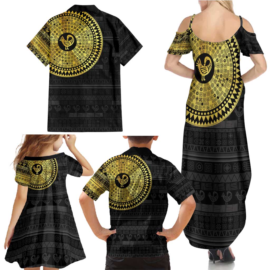 Sankofa Bird Family Matching Summer Maxi Dress and Hawaiian Shirt Adinkra Symbols - Gold Version