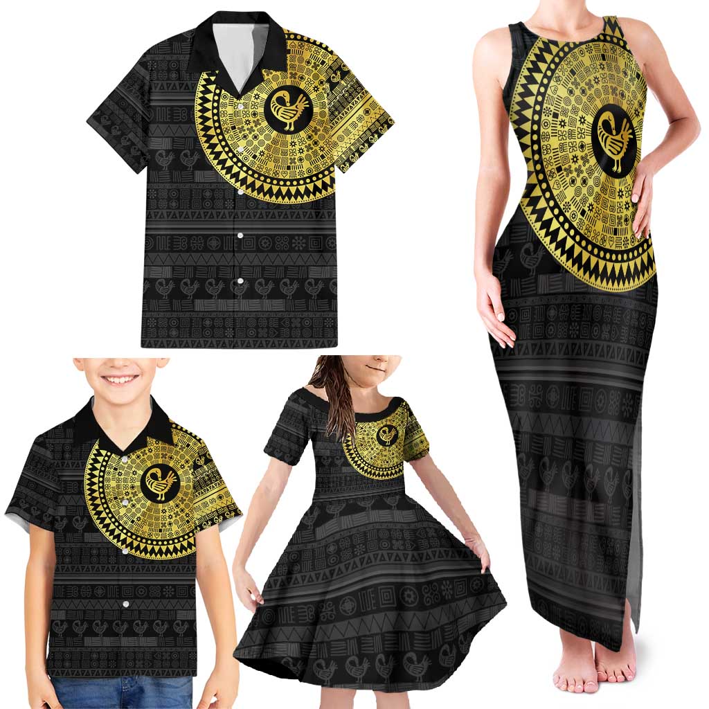 Sankofa Bird Family Matching Tank Maxi Dress and Hawaiian Shirt Adinkra Symbols - Gold Version