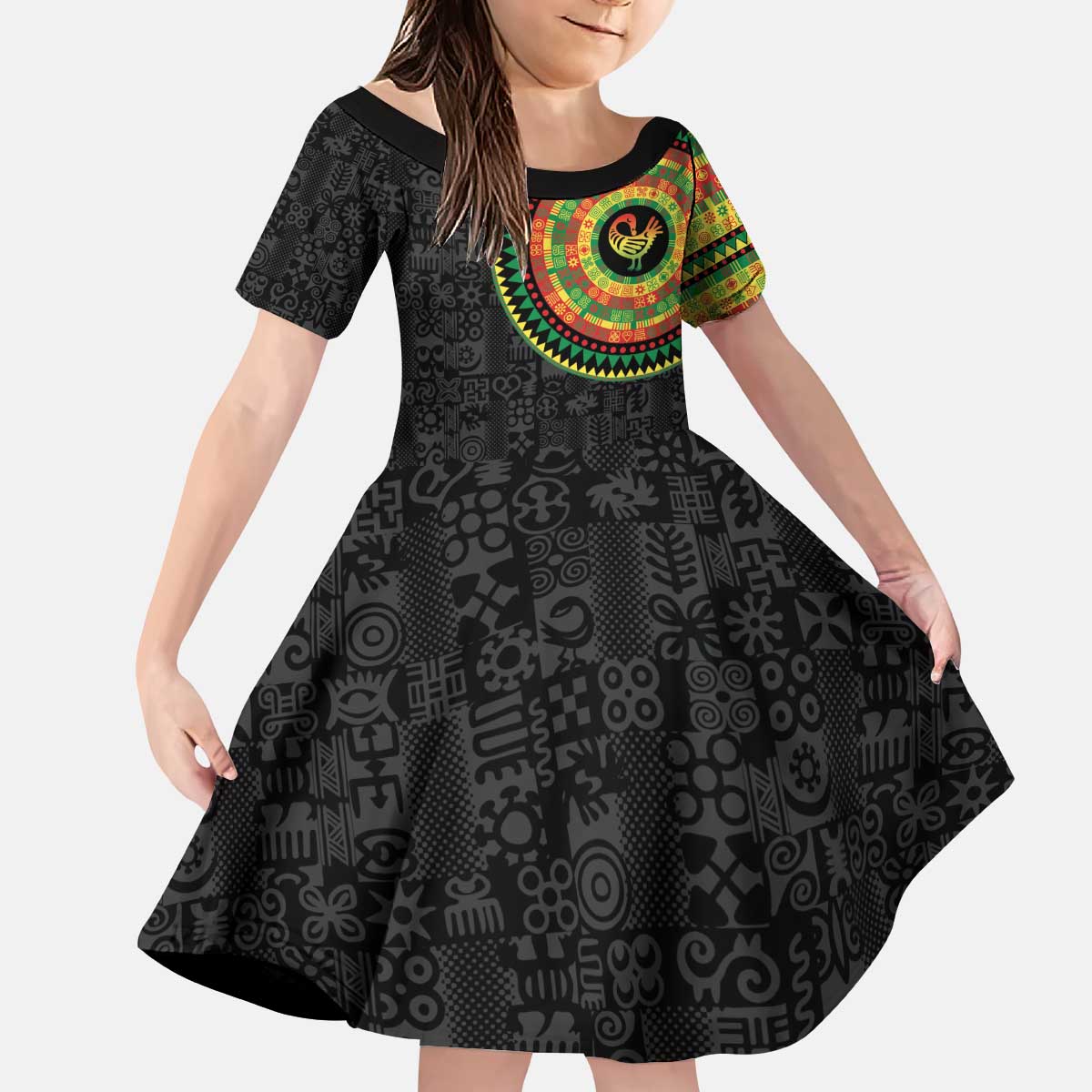Sankofa Bird Adinkra Symbols Kid Short Sleeve Dress African Culture