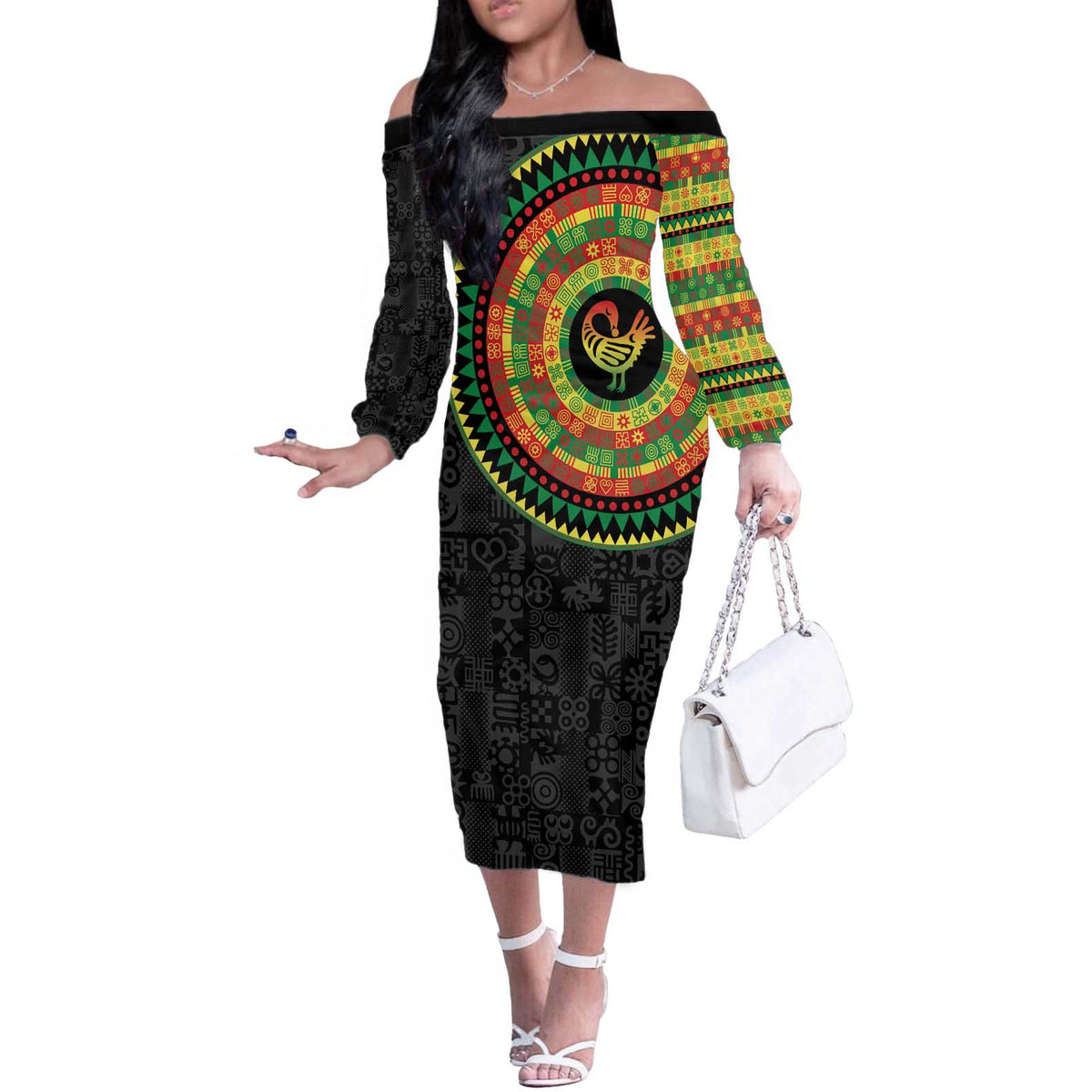 Sankofa Bird Adinkra Symbols Off The Shoulder Long Sleeve Dress African Culture