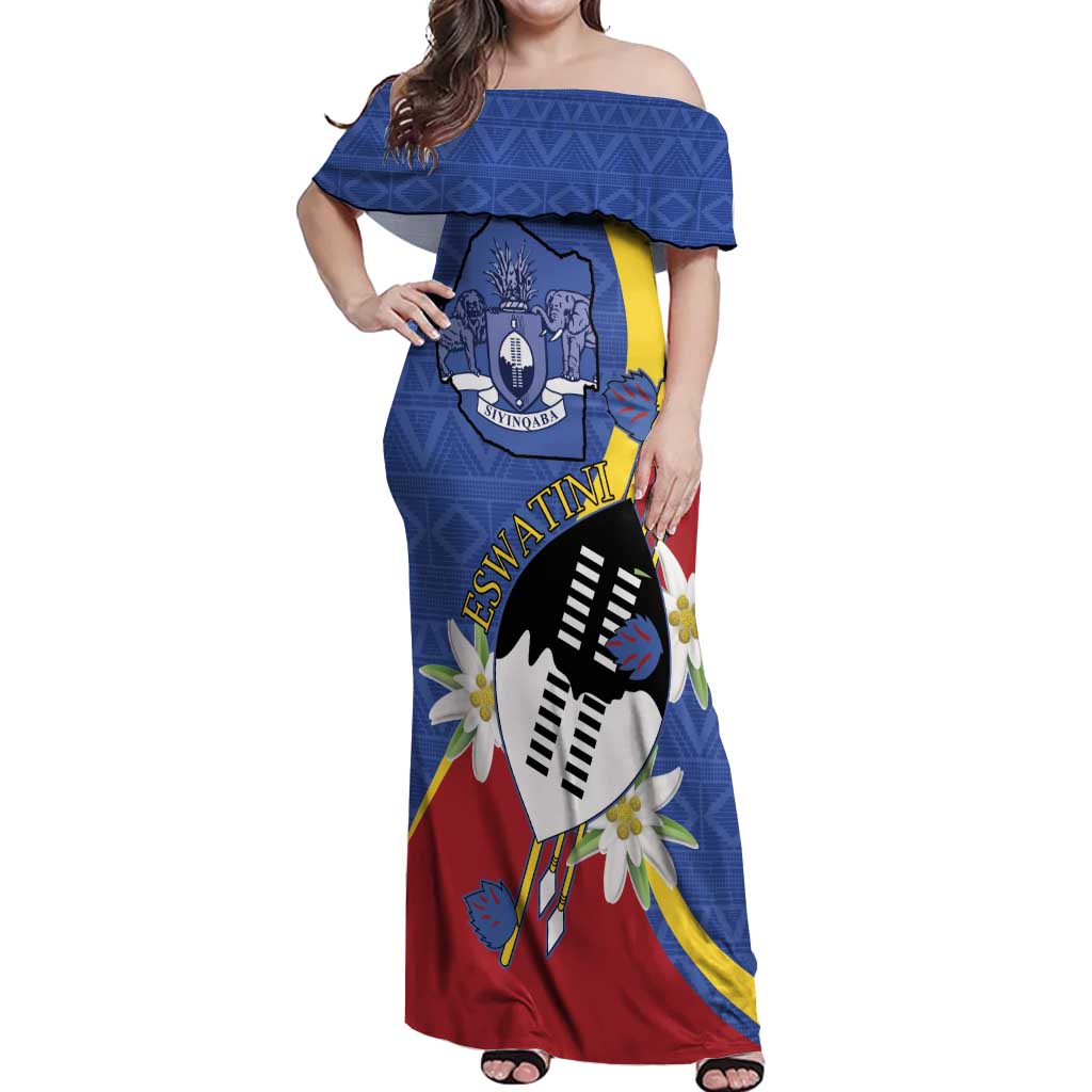 Eswatini Off Shoulder Maxi Dress Nguni Shield Edelweiss Flower