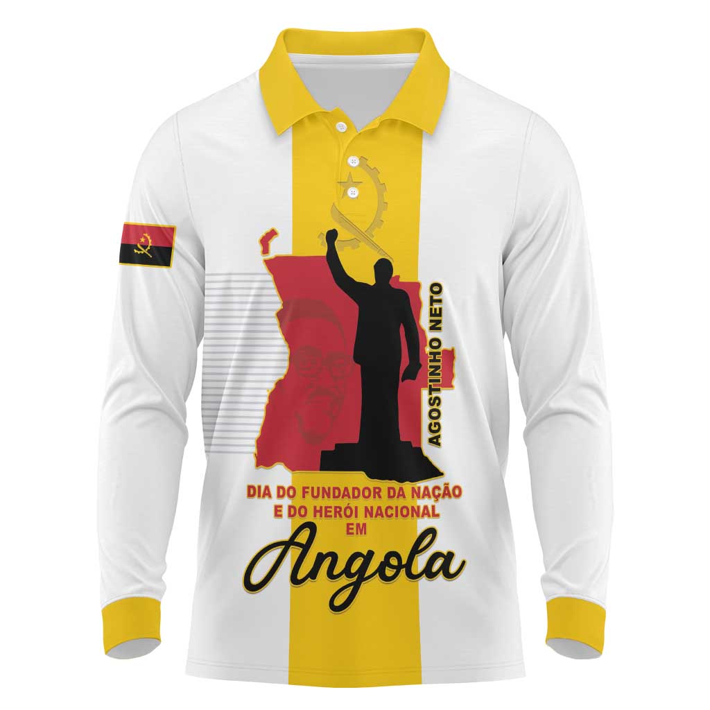 Personalized Angola National Heroes Day Long Sleeve Polo Shirt Agostinho Neto With Map - Shopicos