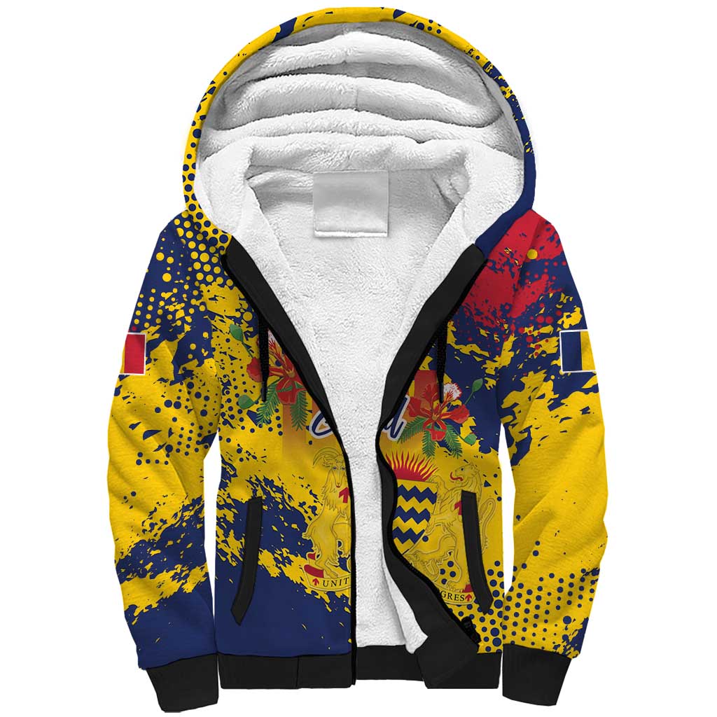 Personalized Chad Republic Day Sherpa Hoodie Coat Of Arms - Grunge Style - Shopicos