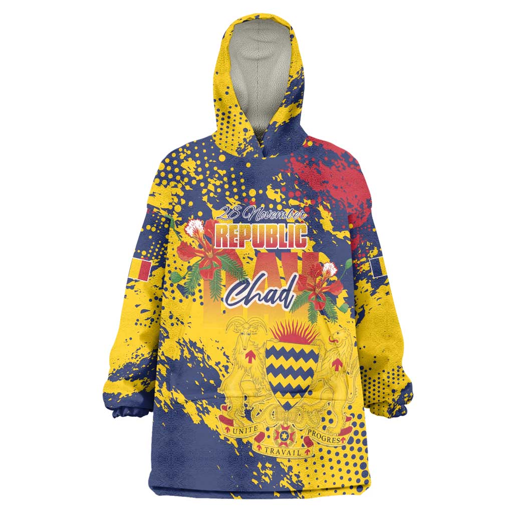 Personalized Chad Republic Day Wearable Blanket Hoodie Coat Of Arms - Grunge Style - Shopicos