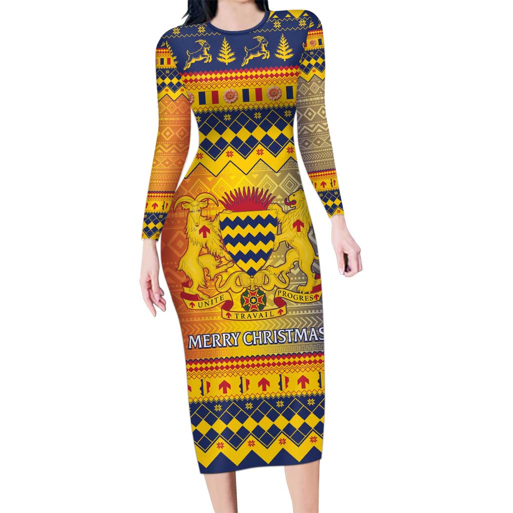 Chad Christmas Long Sleeve Bodycon Dress Coat Of Arms Merry Christmas - Shopicos