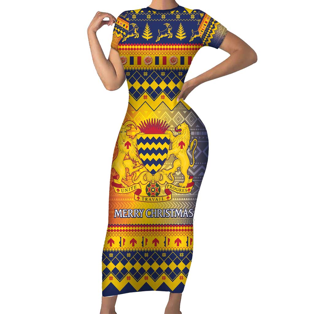 Chad Christmas Short Sleeve Bodycon Dress Coat Of Arms Merry Christmas - Shopicos