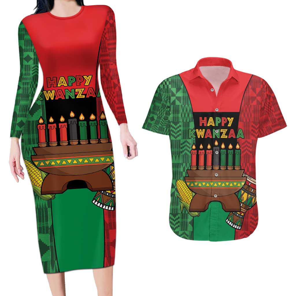 Personalized Happy Kwanzaa Couples Matching Long Sleeve Bodycon Dress and Hawaiian Shirt Kinara With Kente Pattern - Shopicos