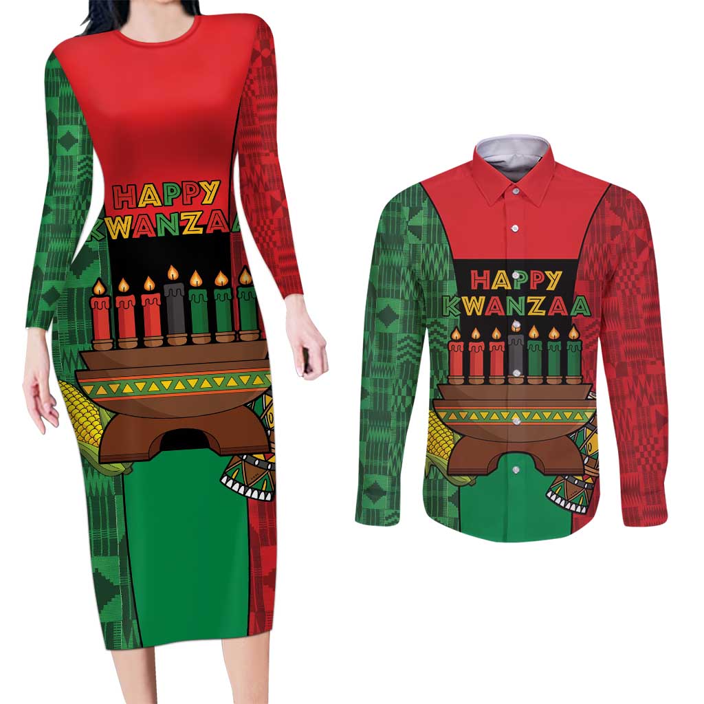 Personalized Happy Kwanzaa Couples Matching Long Sleeve Bodycon Dress and Long Sleeve Button Shirt Kinara With Kente Pattern - Shopicos