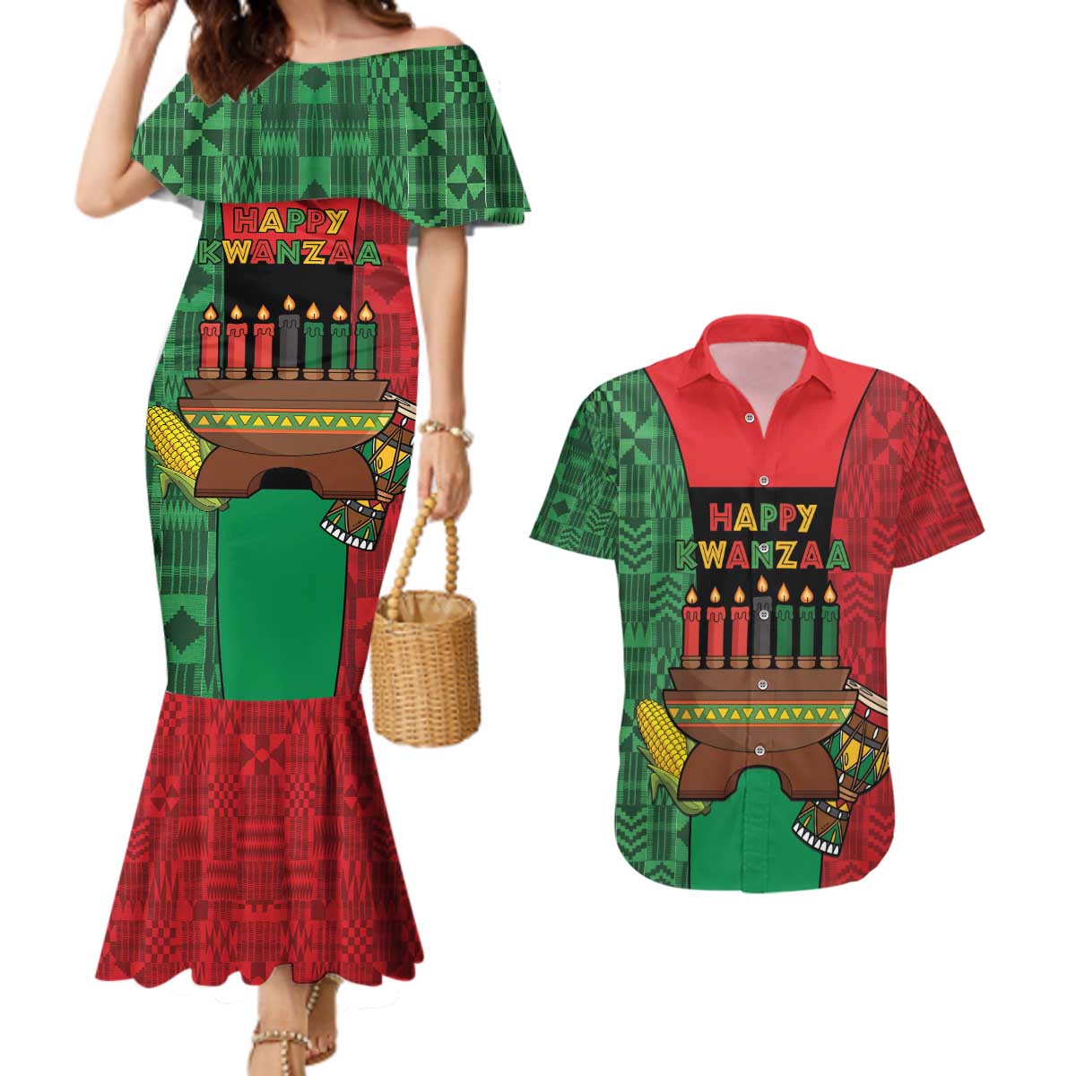 Personalized Happy Kwanzaa Couples Matching Mermaid Dress and Hawaiian Shirt Kinara With Kente Pattern - Shopicos