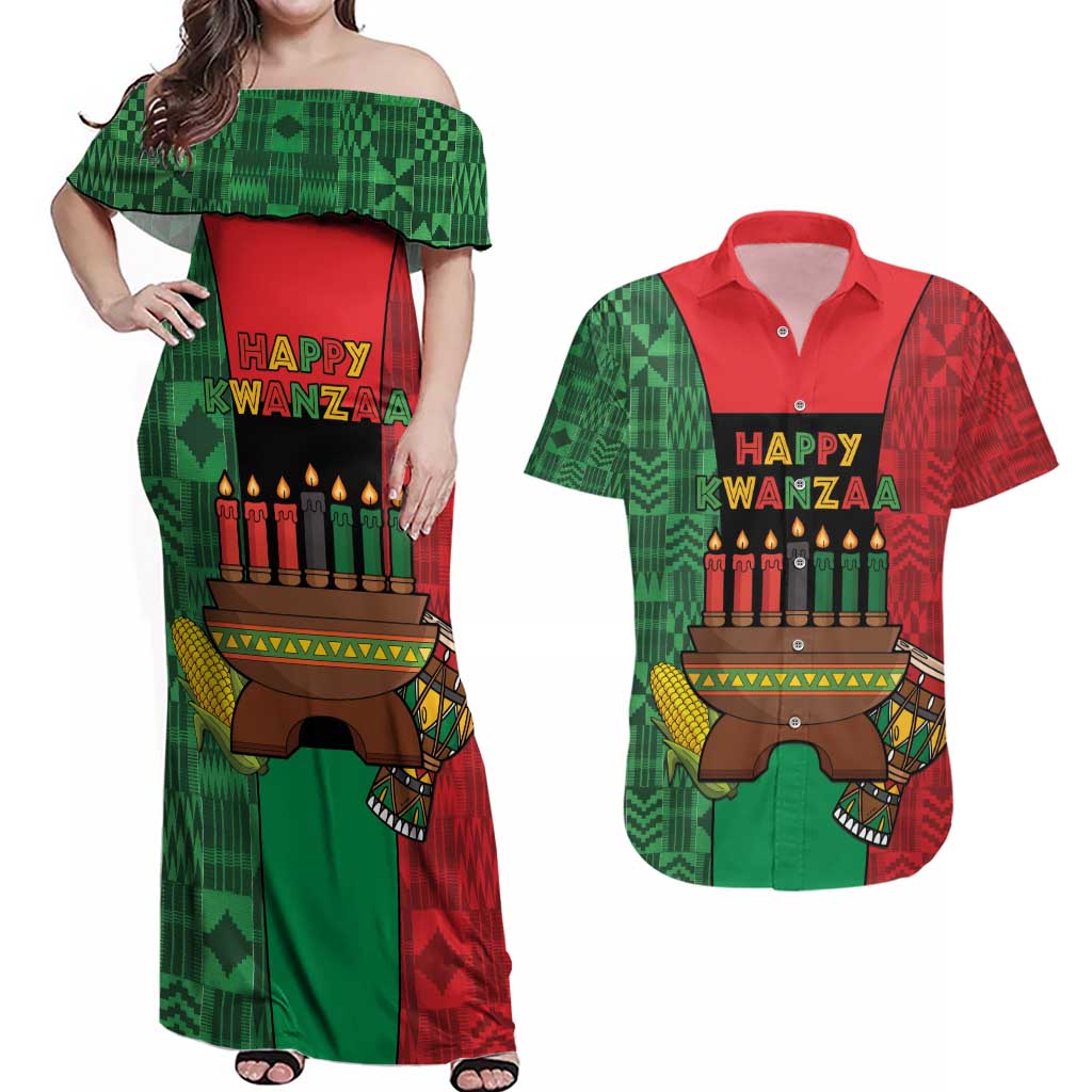 Personalized Happy Kwanzaa Couples Matching Off Shoulder Maxi Dress and Hawaiian Shirt Kinara With Kente Pattern - Shopicos