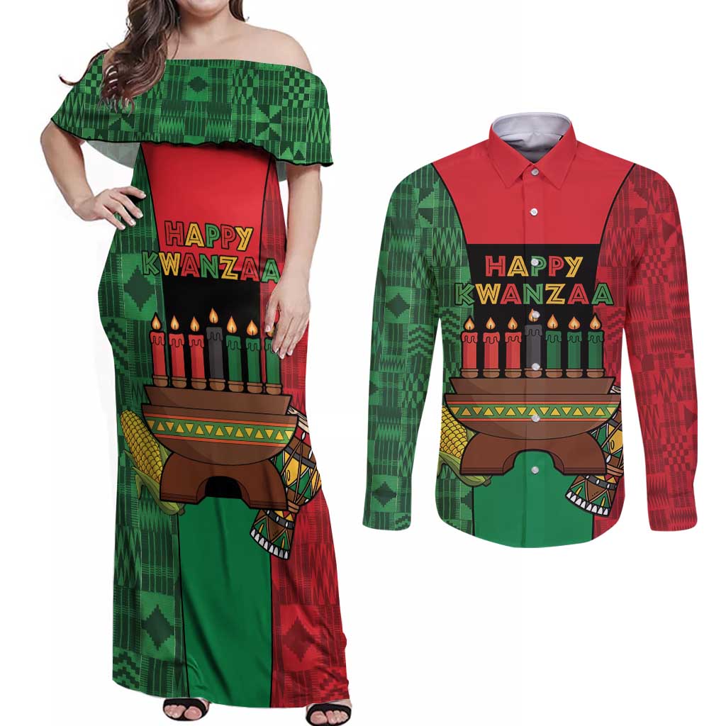 Personalized Happy Kwanzaa Couples Matching Off Shoulder Maxi Dress and Long Sleeve Button Shirt Kinara With Kente Pattern - Shopicos