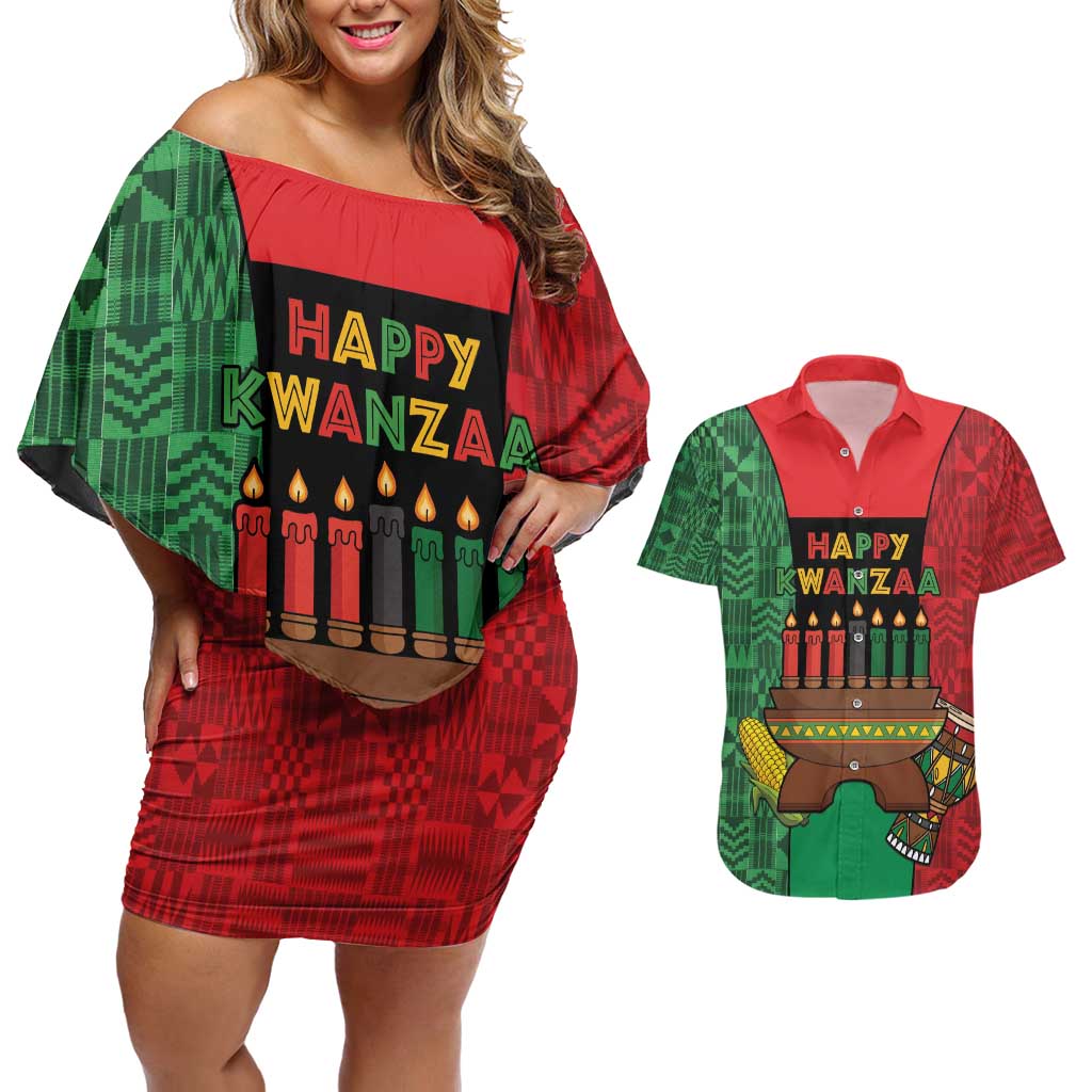 Personalized Happy Kwanzaa Couples Matching Off Shoulder Short Dress and Hawaiian Shirt Kinara With Kente Pattern - Shopicos