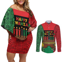 Personalized Happy Kwanzaa Couples Matching Off Shoulder Short Dress and Long Sleeve Button Shirt Kinara With Kente Pattern - Shopicos