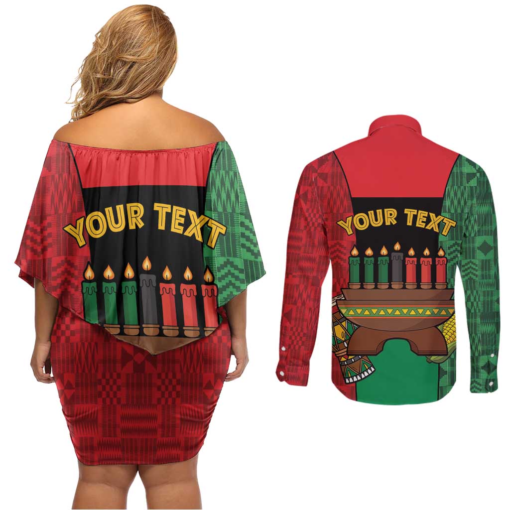 Personalized Happy Kwanzaa Couples Matching Off Shoulder Short Dress and Long Sleeve Button Shirt Kinara With Kente Pattern - Shopicos
