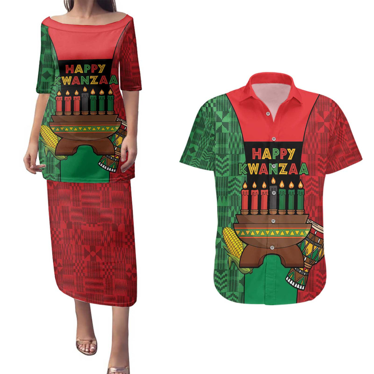 Personalized Happy Kwanzaa Couples Matching Puletasi and Hawaiian Shirt Kinara With Kente Pattern - Shopicos