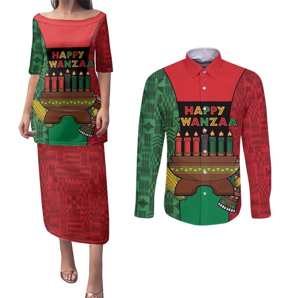 Personalized Happy Kwanzaa Couples Matching Puletasi and Long Sleeve Button Shirt Kinara With Kente Pattern - Shopicos