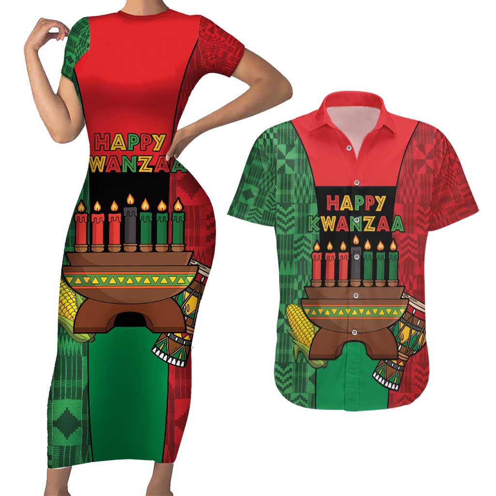 Personalized Happy Kwanzaa Couples Matching Short Sleeve Bodycon Dress and Hawaiian Shirt Kinara With Kente Pattern - Shopicos