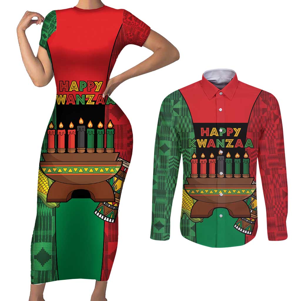 Personalized Happy Kwanzaa Couples Matching Short Sleeve Bodycon Dress and Long Sleeve Button Shirt Kinara With Kente Pattern - Shopicos