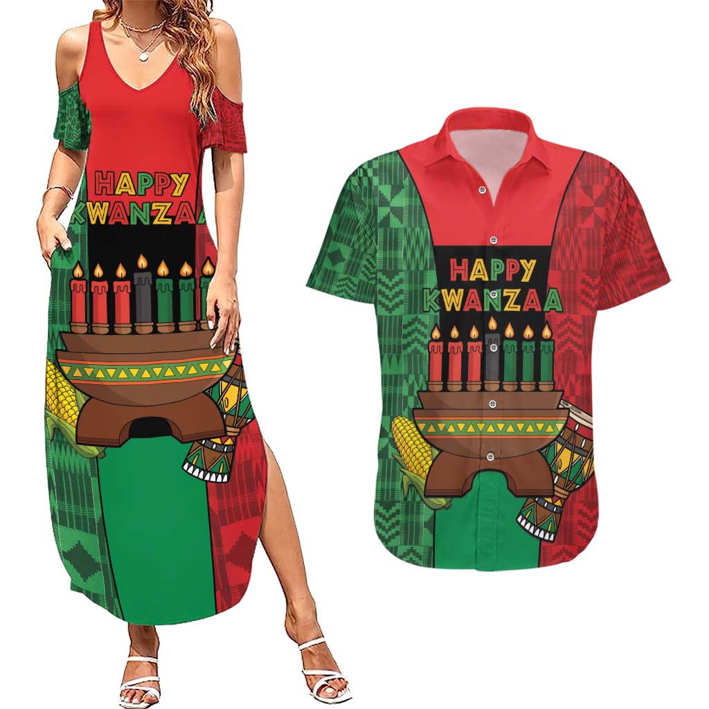 Personalized Happy Kwanzaa Couples Matching Summer Maxi Dress and Hawaiian Shirt Kinara With Kente Pattern - Shopicos
