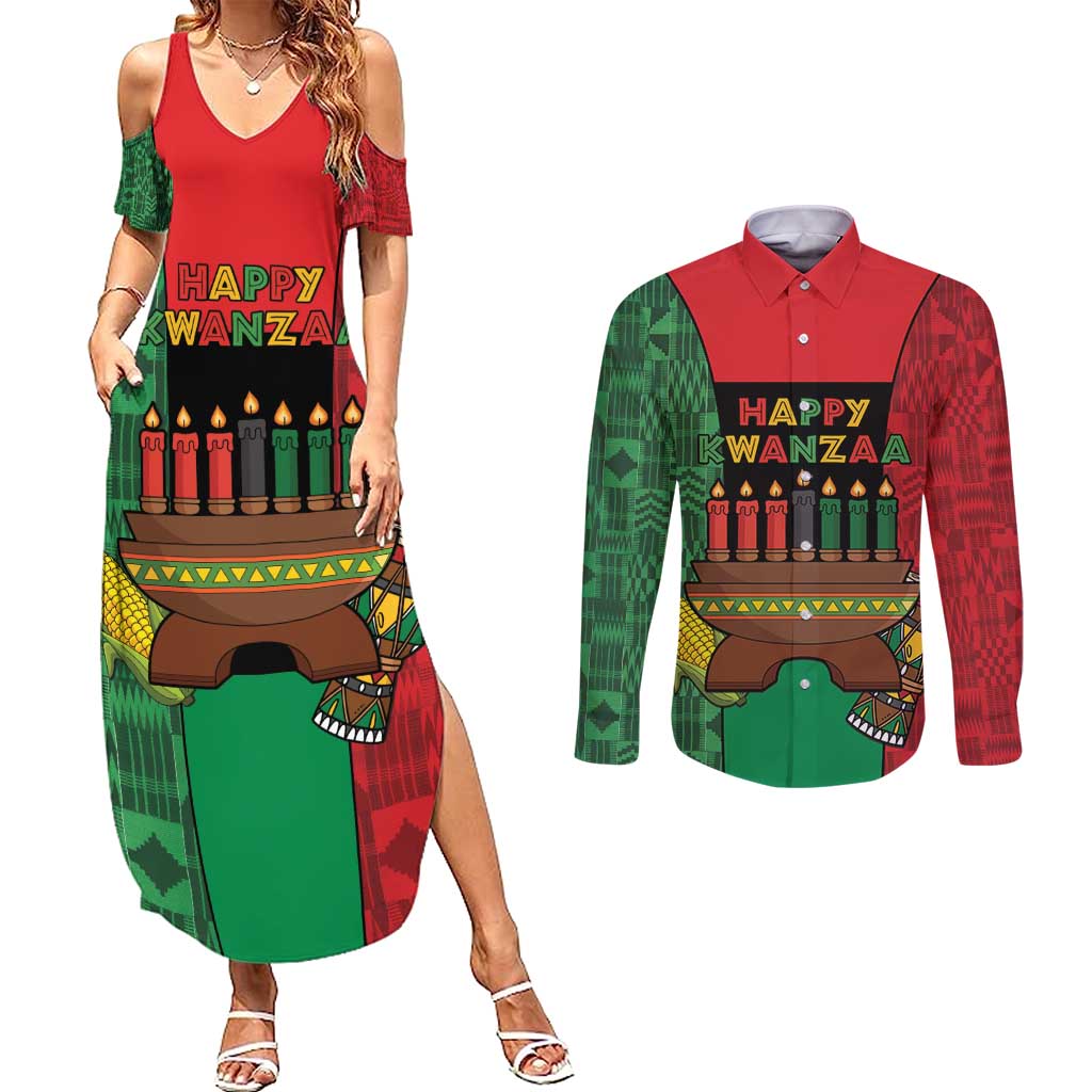 Personalized Happy Kwanzaa Couples Matching Summer Maxi Dress and Long Sleeve Button Shirt Kinara With Kente Pattern - Shopicos