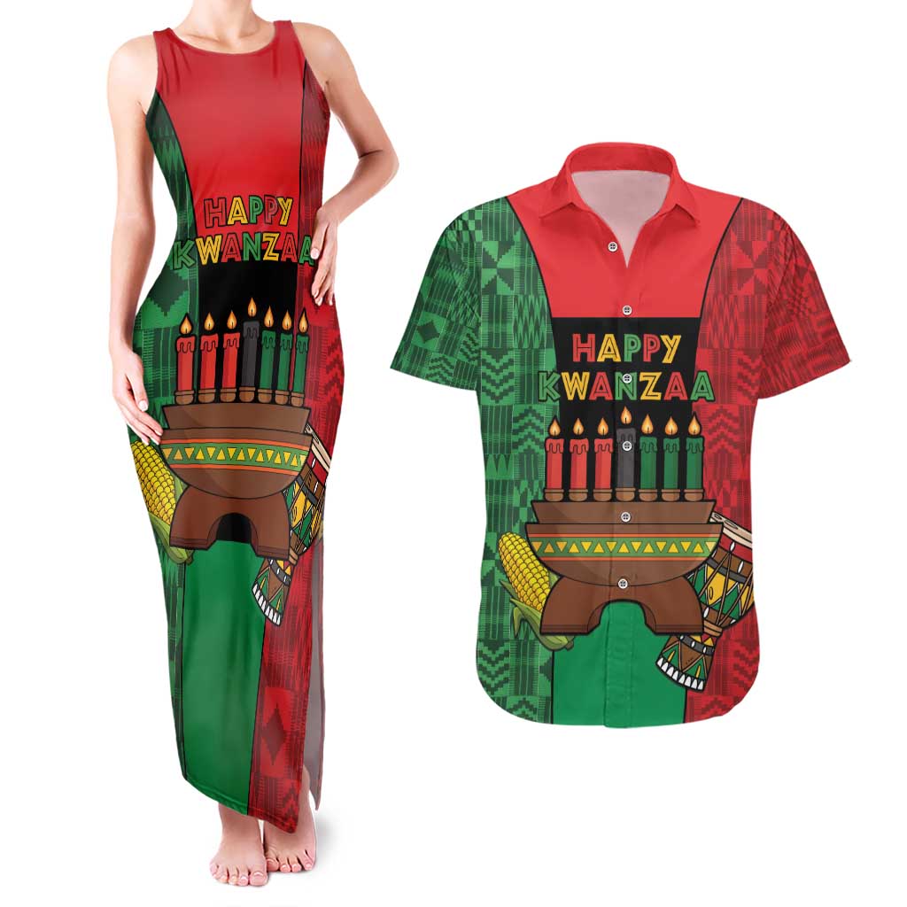 Personalized Happy Kwanzaa Couples Matching Tank Maxi Dress and Hawaiian Shirt Kinara With Kente Pattern - Shopicos