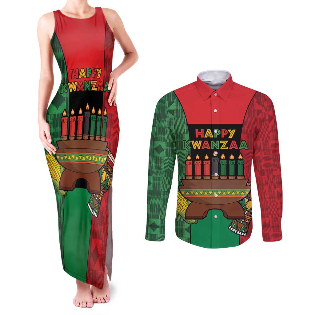 Personalized Happy Kwanzaa Couples Matching Tank Maxi Dress and Long Sleeve Button Shirt Kinara With Kente Pattern - Shopicos