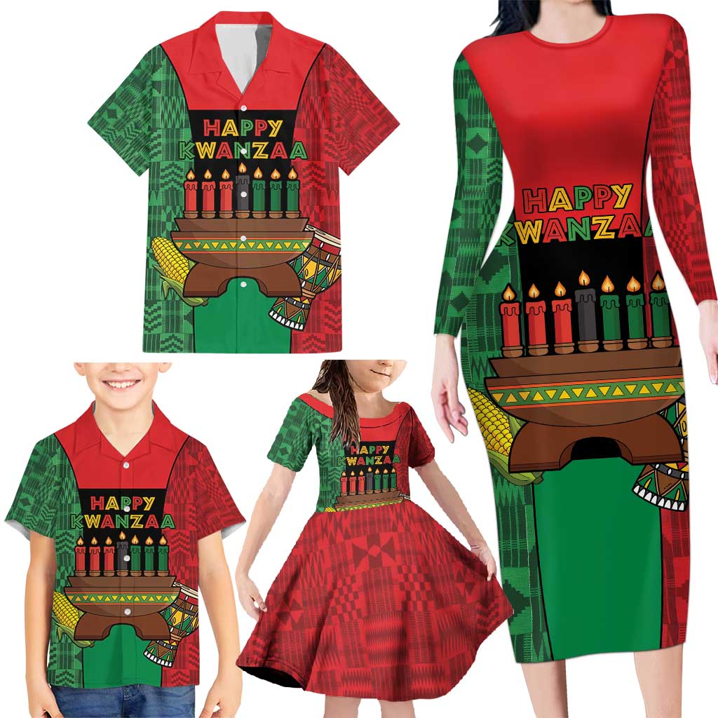 Personalized Happy Kwanzaa Family Matching Long Sleeve Bodycon Dress and Hawaiian Shirt Kinara With Kente Pattern - Shopicos