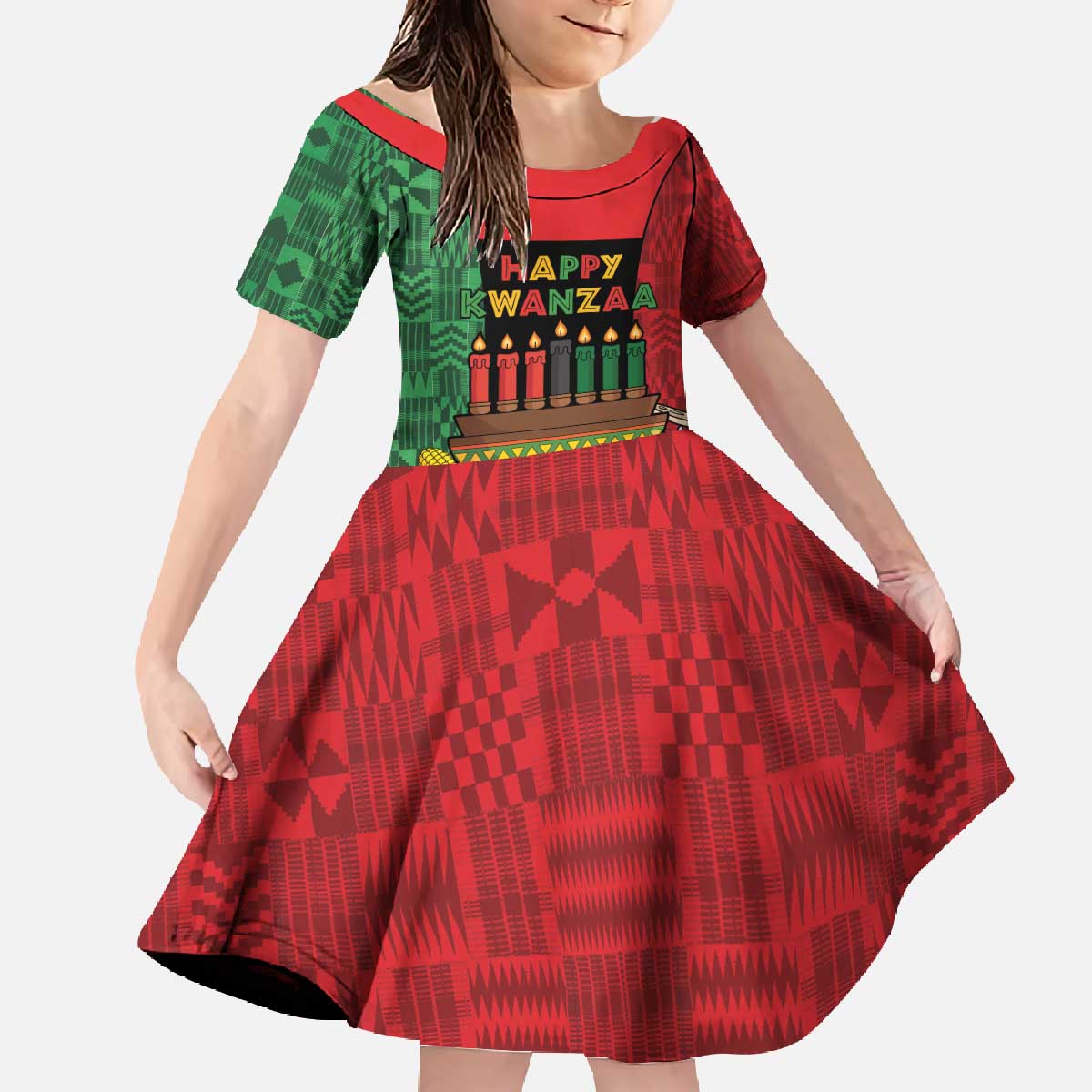 Personalized Happy Kwanzaa Family Matching Off The Shoulder Long Sleeve Dress and Hawaiian Shirt Kinara With Kente Pattern - Shopicos