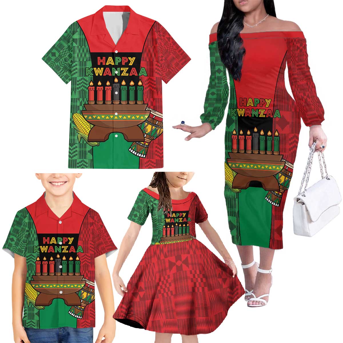 Personalized Happy Kwanzaa Family Matching Off The Shoulder Long Sleeve Dress and Hawaiian Shirt Kinara With Kente Pattern - Shopicos
