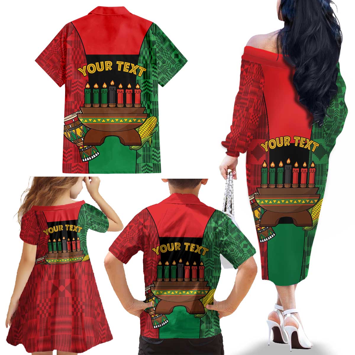Personalized Happy Kwanzaa Family Matching Off The Shoulder Long Sleeve Dress and Hawaiian Shirt Kinara With Kente Pattern - Shopicos