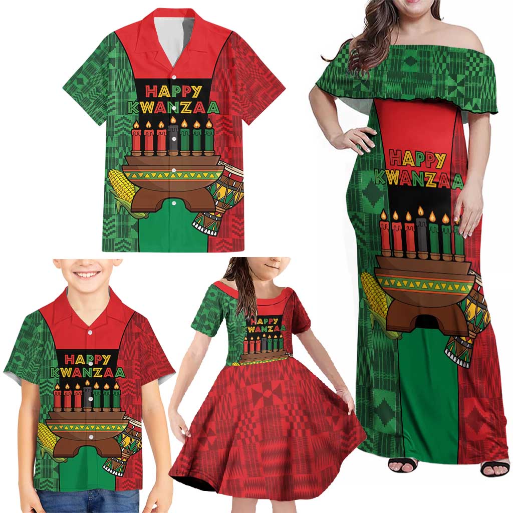 Personalized Happy Kwanzaa Family Matching Off Shoulder Maxi Dress and Hawaiian Shirt Kinara With Kente Pattern - Shopicos