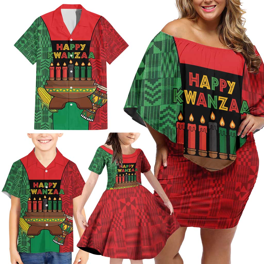 Personalized Happy Kwanzaa Family Matching Off Shoulder Short Dress and Hawaiian Shirt Kinara With Kente Pattern - Shopicos