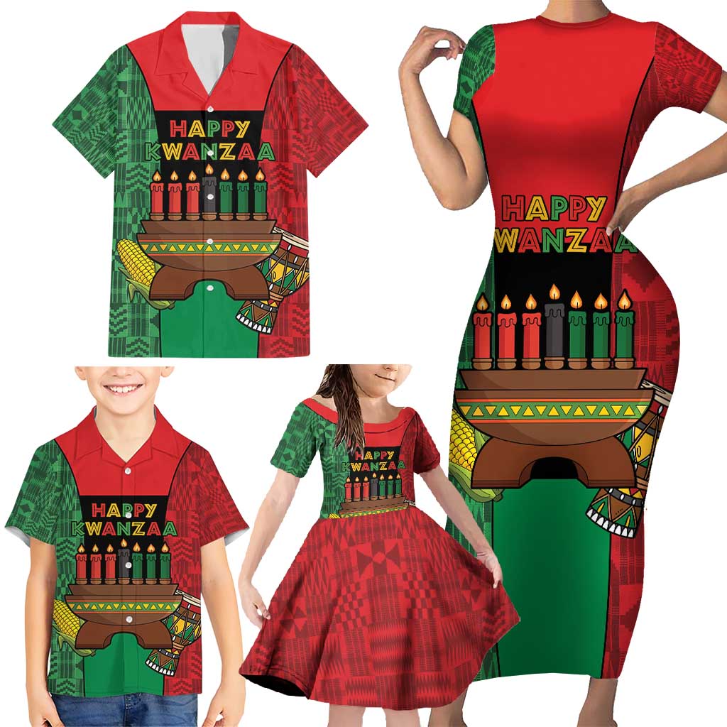 Personalized Happy Kwanzaa Family Matching Short Sleeve Bodycon Dress and Hawaiian Shirt Kinara With Kente Pattern - Shopicos
