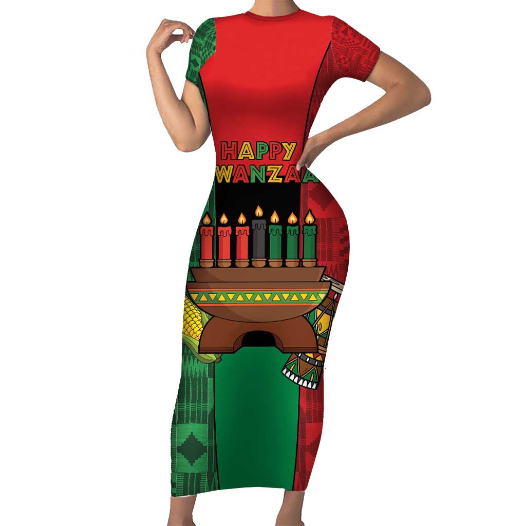 Personalized Happy Kwanzaa Family Matching Short Sleeve Bodycon Dress and Hawaiian Shirt Kinara With Kente Pattern - Shopicos